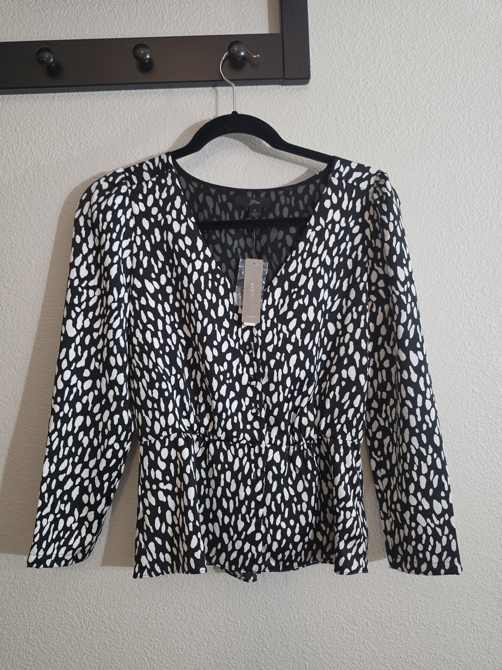 J. Crew Black and White Printed V-Neck Peplum Blouse